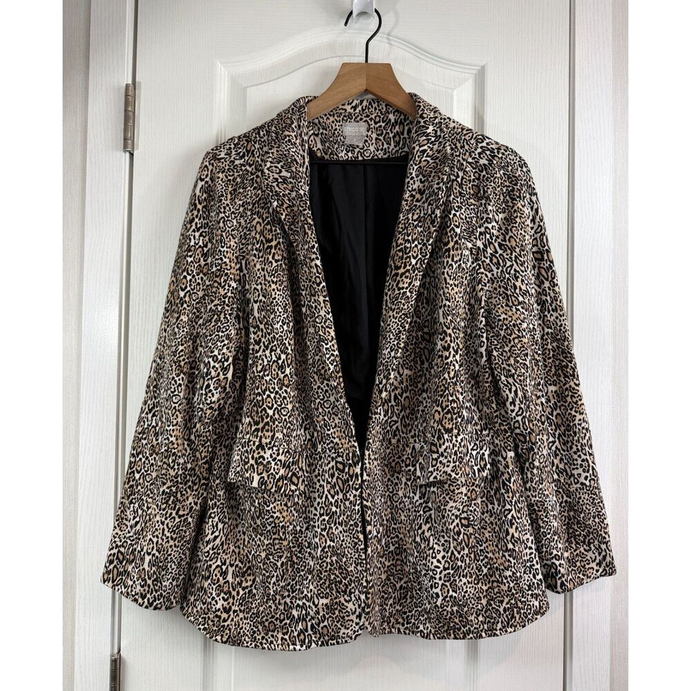 Chico's Leopard Print Blazer Women's Size 3 16/18 Hook Eye Closure Jacket